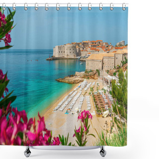 Personality  Beautiful View Of Banje Beach And Old Town Of Dubrovnik With Summer Flowers In Croatia, Europe. Summer Vacation Resort Shower Curtains