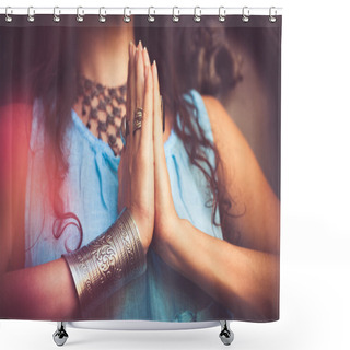 Personality  Close Up Of Woman Hands In Namaste Gesture Shower Curtains