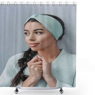 Personality  Beautiful Mixed Race Girl In Turquoise Sweater And Headband Looking Away At Home Shower Curtains