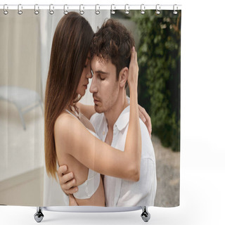 Personality  Couple Chemistry, Woman Hugging With Man And Standing Near White Tulle Of Pavilion On Beach Shower Curtains