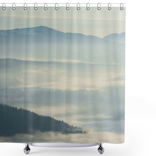 Personality  Scenic View Of Snowy Mountains With Pine Trees In White Fluffy Clouds Shower Curtains