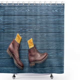 Personality  Top View Of Brown Shoes And Yellow Socks On Wooden Background Shower Curtains