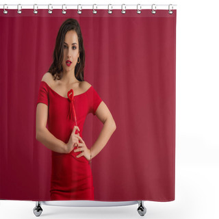 Personality  Sexy, Elegant Girl Holding Toy Heart On Stick While Standing With Hand On Hip And Looking At Camera Isolated On Red Shower Curtains