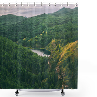 Personality  Majestic Mountains Covered With Trees And Beautiful Mountain Lake In Altai, Russia Shower Curtains