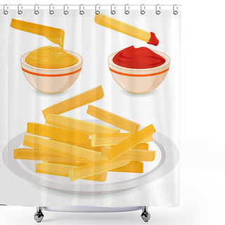 Personality  French Fries Potatoes On A Dish And Bowls With Dipping Sauces, Mustard Or Cheese And Ketchup. Vector Illustration. Shower Curtains