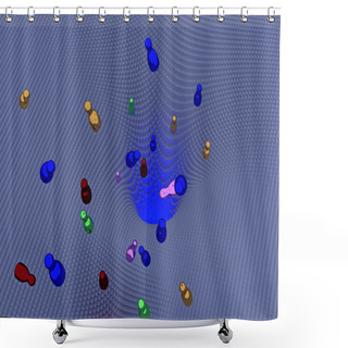 Personality  3d Illustration Of Free Falling, Glossy Figures (rotating Bodies) Over A Funnel-shaped Landscape Consisting Of Hundreds Of Cuboids With A Square Base Shower Curtains