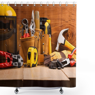 Personality  Set Of Working Tools On Wooden Boards Shower Curtains