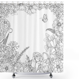 Personality  Square Floral Frame  With Flowers  And Butterfly. Shower Curtains
