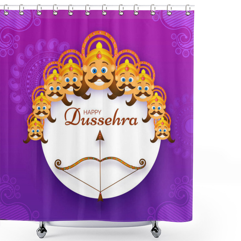 Personality  Happy Dussehra Festival Poster Or Template Design With Illustration Of Demon Ravana Face With His Ten Heads And Brown Bow-Arrow On Ornamental Purple Background. Shower Curtains