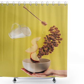 Personality  Cropped Shot Of Woman Holding Bowl With Levitating Breakfast Shower Curtains