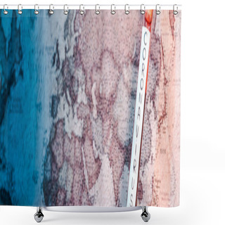 Personality  Panoramic Shot Of Test Tube With Coronavirus Lettering Near Map  Shower Curtains