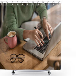 Personality  Cropped View Of African American Woman Holding Pen While Typing On Laptop Keyboard Near Cup Of Coffee Shower Curtains