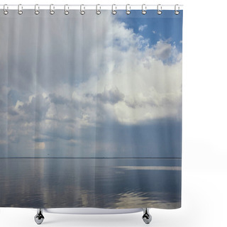 Personality  Peaceful Blue Sky With White Clouds Reflected In River Water Shower Curtains