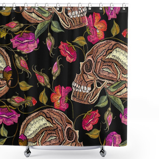 Personality  Embroidery Skull And Flowers Seamless Pattern. Fashion Template Shower Curtains