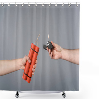 Personality  Cropped View Of Men Holding Dynamite And Lighter On Grey Background Shower Curtains