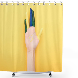 Personality  Cropped View Of Woman With Colorful Fingers Showing Palm Isolated On Yellow Shower Curtains