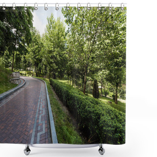 Personality  Paving Stones On Path Near Green Trees And Bushes In Park  Shower Curtains
