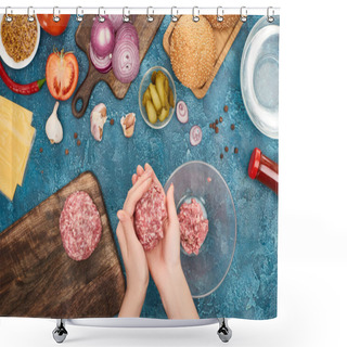 Personality  Top View Of Woman Making Cutlets For Fresh Burgers Near Ingredients On Blue Textured Surface Shower Curtains