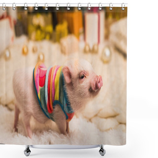 Personality  Cute Smiling Pink Mini Pig, Background Blurred Shower Curtains
