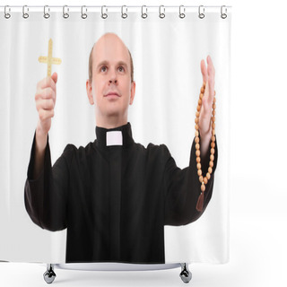 Personality  Young Pastor With Wooden Cross And Rosary, Isolated On White Shower Curtains