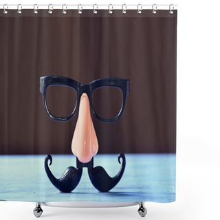 Personality  Fake Mustache, Nose And Eyeglasses On A Blue Surface Shower Curtains