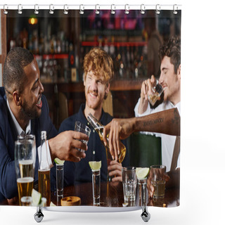 Personality  Tattooed African American Man Pouring Beer In Glass Of Friend During Bachelor Party, Interracial Men Shower Curtains