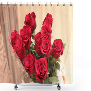 Personality  Bouquet Of Red Roses. Valentines Day, Love. A Bouquet Of 11 Flowers In Transparent Packaging. Shower Curtains