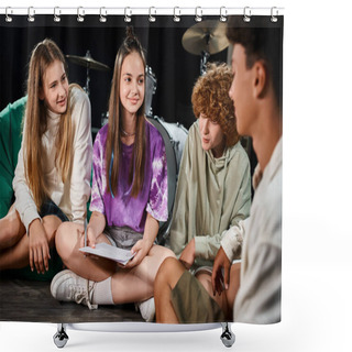 Personality  Four Cheerful Teenagers In Vivid Casual Outfits Sitting In Studio And Looking At Each Other Shower Curtains