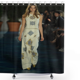Personality  Model Walks Runway At Tory Burch Fashion Show Shower Curtains