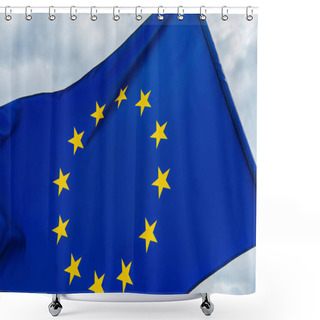 Personality  Low Angle View Of European Union Flag Against Cloudy Sky  Shower Curtains