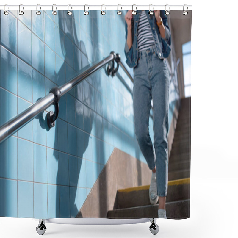 Personality  Cropped Image Of Stylish Female Tourist Going Downstairs At Subway  Shower Curtains