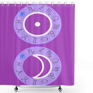 Personality  Aquarius Sun And Moon Zodiac Signs Highlighted In Dark Blue On A Purple Zodiac Wheel Chart On A Pink Purple Background Shower Curtains