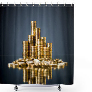 Personality  Very Many Rouleau Gold Monetary Or Change Coin, On Dark Background Shower Curtains