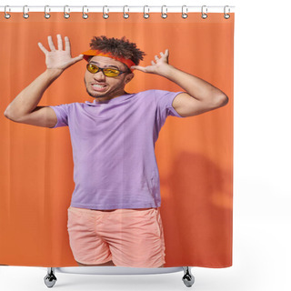 Personality  Young African American Man In Sunglasses Adjusting Headband On Orange Background, Expressive Face Shower Curtains
