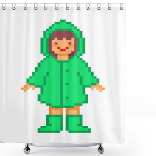 Personality  Girl In A Green Raincoat With A Hood And Rubber Boots Standing In The Rain, Vintage Cartoon 8 Bit Pixel Art Character Isolated On White Background. Retro 80s; 90s Slot Machine/video Game Graphics. Shower Curtains