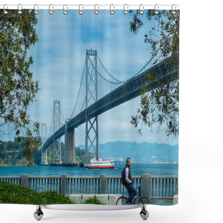 Personality  San Francisco Bay Bridge With Blurry Man Riding Bicycle During Day Time Shower Curtains