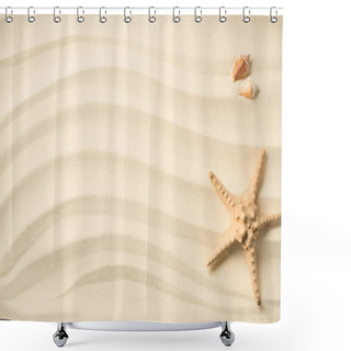 Personality  Top View Of Arranged Seashells And Sea Star On Sandy Surface Shower Curtains