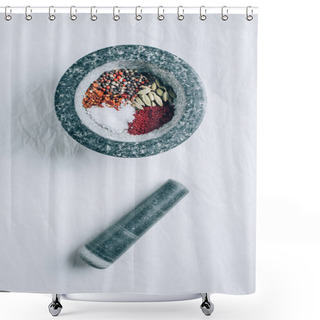 Personality  Elevated View Of Mortar With Spices And Pestle On White Table Shower Curtains