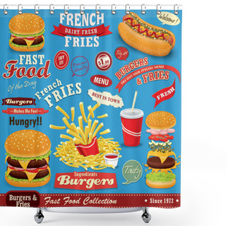 Personality  Vintage Fast Food Poster Set Design Shower Curtains
