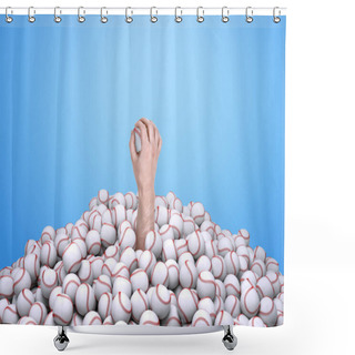 Personality  Mans Hand Holding A Baseball, Emerging From Under A Big Pile Of Baseballs. Shower Curtains
