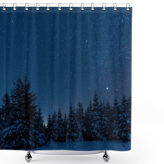 Personality  Dark Sky Full Of Shiny Stars In Carpathian Mountains In Winter Forest At Night Shower Curtains