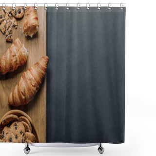 Personality  Top View Of Croissants And Cookies With Chocolate Pieces In Bowl On Black Table Shower Curtains