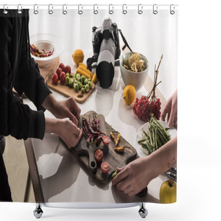 Personality  Cropped View Of Commercial Photographers Making Food Composition For Photo Shoot Shower Curtains