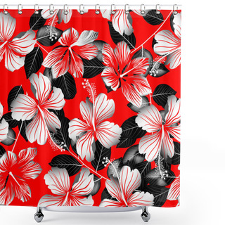 Personality  Tropical White Hibiscus Flowers With Black Leaves Seamless Patte Shower Curtains