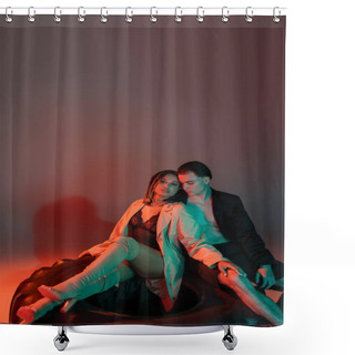 Personality  Trendy Interracial Couple Sitting On Huge Tire, Shirtless Man In Black Blazer And African American Woman In Lace Bodysuit, Beige Trench Coat And Over Knee Boots On Grey Background With Red Lighting Shower Curtains