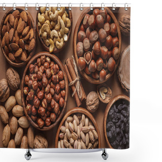 Personality  Flat Lay With Variety Of Nuts In Bowls Arranged On Brown Background Shower Curtains