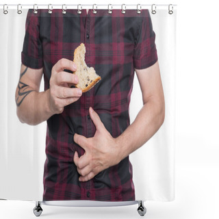 Personality  Man Holding Wheat Bread, Celiac Disease Or Coeliac Condition, Isolated On White Shower Curtains