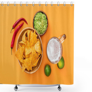 Personality  Top View Of Crispy Nachos, Guacamole, Beer, Limes And Chili Peppers On Orange Background, Mexican Cuisine Shower Curtains