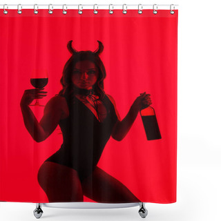 Personality  Passionate Girl In Devil Costume Holding Glass And Bottle Of Wine, Isolated On Red Shower Curtains