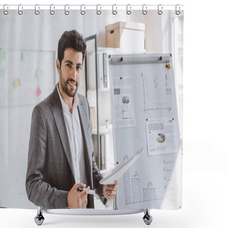 Personality  Smiling Handsome Businessman Presenting Project On Flipchart And Looking At Camera In Office Shower Curtains